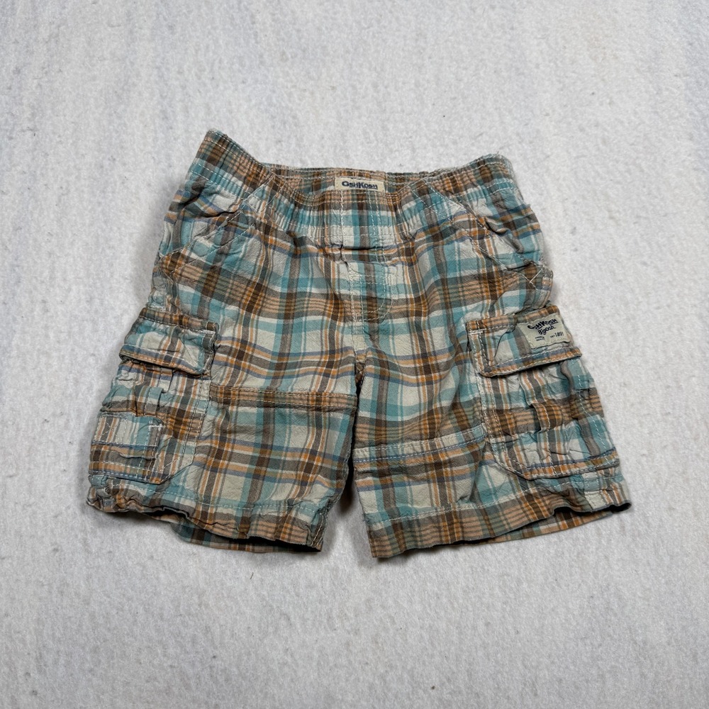 OshKosh Bgosh Boys 2T Plaid Cargo Shorts Teal Orange Brown Cotton Elastic Waist